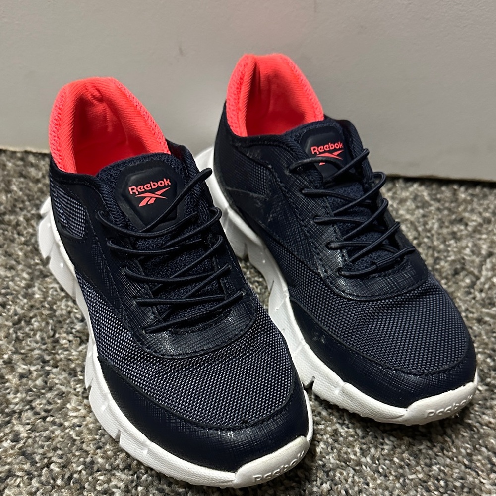 Reebok boys size 12 Dark Blue and Coral Athletic sneakers slip on